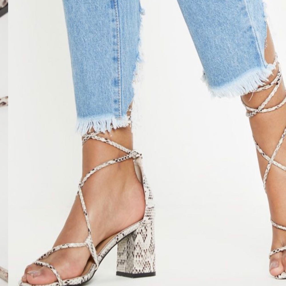 Ankle tie sandals snakeskin block heel